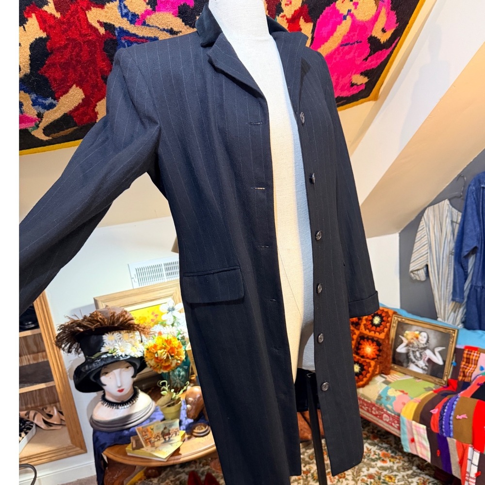 Ralph Lauren Vintage Pinstripe Worsted Wool Button Front Tuxedo Coat Dress Black - Picture 11 of 11